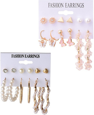 Vembley Combo Of 12 Pair Pearl Studs And Butterfly Hoop Earrings Alloy Earring Set