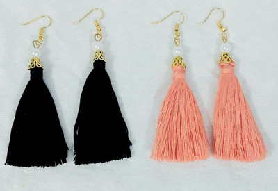 designearrings (2 pair)Handmade Tassel Earrings with Pearl and Gold Detailing –Black & peach Cotton Dori Tassel Earring