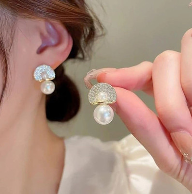 RV YUWON Elegant Pearl Crystal Ear Stud Earrings Drop Dangle Women Wedding Jewelry Gift Cubic Zirconia Alloy Earring Set, Drops & Danglers