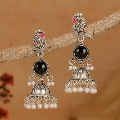 Vastaraj Traditional Black Stone Peacock Jhumkas with Pearls Beads Alloy Hoop Earring