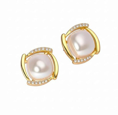 Bittrend Jewels Velvet-Texture White Cushion Stud| Gold-Plated Elegant Square Studs with Sparkle Metal Earring Set, Stud Earring, Drops & Danglers