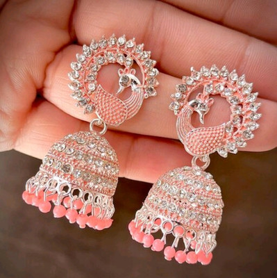 TANLOOMS Gol Morr-Peach, Beautiful Twinkling Peacock Design Earring Alloy Jhumki Earring