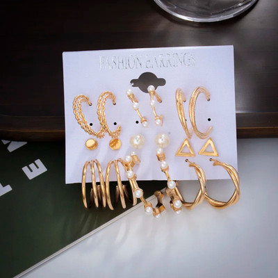 JDENTERPRISES Combo of 9 Pair Golden Triangle Pearl Stud / Twisted Hoop Earring For Women/Girl Alloy Hoop Earring