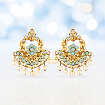Golden Vine Antique Gold Oxidized Grand Chandbali Earrings with Blue Stones & Pearls Metal Earring Set