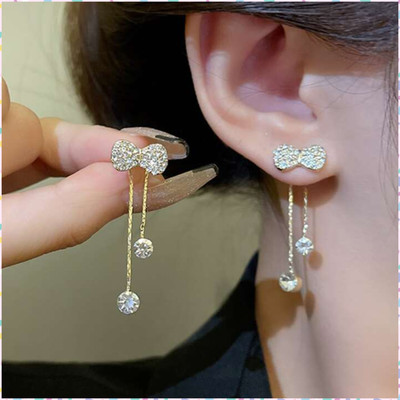 JDENTERPRISES Korean Studded Bow Shiny Tassels Drop Earrings For Women/Girls Cubic Zirconia Alloy Drops & Danglers
