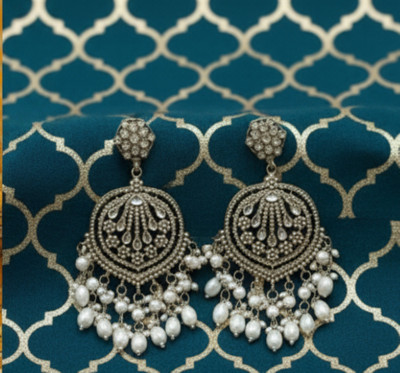 DHVANI Regal Pearl and Gemstone Statement Earrings Pearl Alloy Chandbali Earring