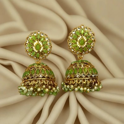 WISHTANK Wishtank Gold Plated Kundan & Green Pearl Beaded Polki Jhumka Earrings Crystal Brass Jhumki Earring