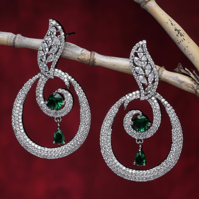 ZENEME Rhodium-Plated Green & White American Diamond studded Oval Shaped Drop Earrings Cubic Zirconia Brass Drops & Danglers