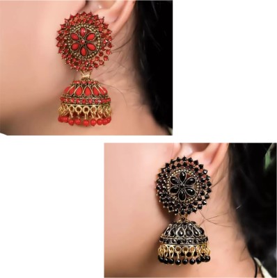 Fashion Theme Designer Jhumka Earrings for Women and Girls Pack of 2(Red,Black) Beads, Pearl Alloy Jhumki Earring