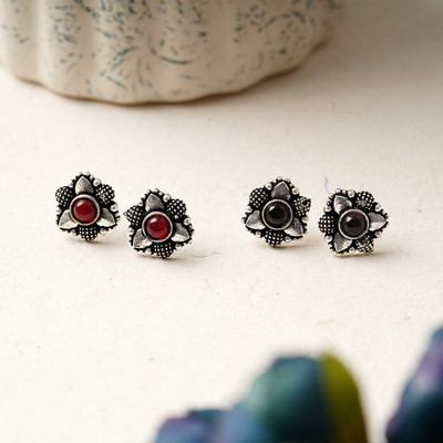 Sanseeta BaaliBahaar- Combo of Silver Brass Oxidised stud Earrings Zircon Brass Stud Earring