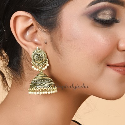 Proplady Designer Jhumkis with Rajashnani Engravings, Afghani Jhumka Earrings Pearl Alloy, German Silver, Acrylic, Metal, Enamel Jhumki Earring, Drops & Danglers, Earring Set, Huggie Earring, Cuff Earring