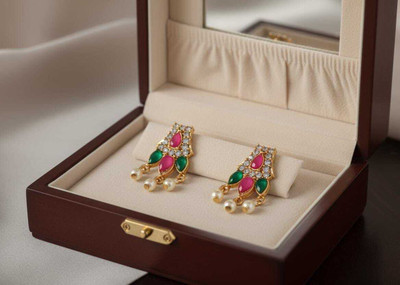 Diyaana Emerald Blossom Pearl Drop Earrings For Women & Girls. Beads, Pearl Alloy Chandbali Earring