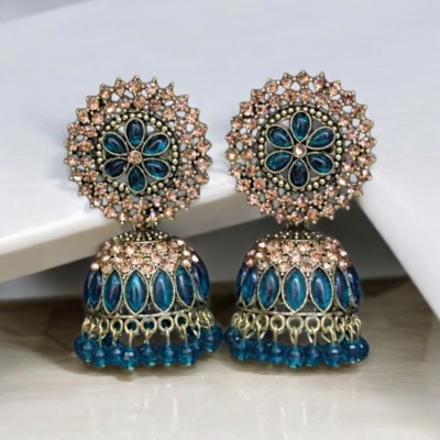 The Glitz Gallery Gold-Plated American Diamond-Studded & Beaded Jhumkas Alloy Jhumki Earring