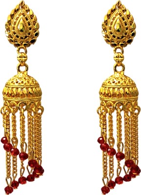 Anish golden earrings for women 1 gram gold wedding jhumki long party wear red Pearl Alloy Jhumki Earring