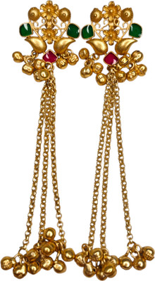 Sajobhi kashmiri floral jhumka earrings ruby green stone studded stud ghungroo chains Brass Drops & Danglers, Jhumki Earring