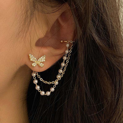 Fashion Frill Butterfly Ear Cuff Crawler AD Pearl Chain Drop Stud Earrings For Women Girls Stainless Steel Drops & Danglers