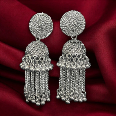 house of common Classic Oxidised Silver Jhumka Drop Earrings For Girls Women DailyWear WorkWear Topaz Alloy Jhumki Earring, Earring Set, Drops & Danglers, Tassel Earring
