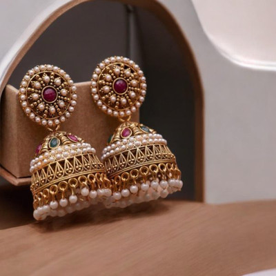 Temora Gold Plated Multicolor White Pearls Temple Jhumki Earrings for Women Diamond Brass Drops & Danglers