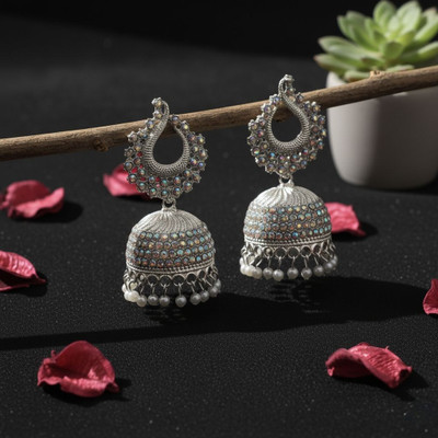 Crest Collection Women's Silver-Plated Earrings with Pearl Drops – Wedding & Party Wear Alloy Jhumki Earring