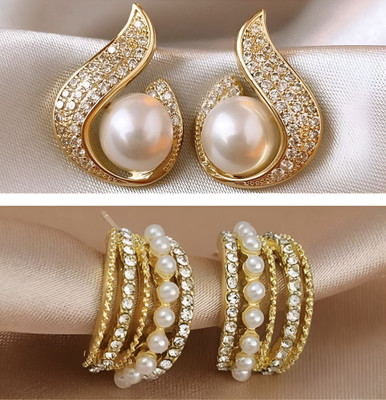 Ayora Combo of 2, Teardrop and C-Shaped earrings for Women and Girls Cubic Zirconia Brass Stud Earring