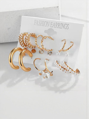 Dressberry Combo Of 9 Pair Gold Plated Pearl Hoop, Drop and Studs Earrings Pearl Alloy Hoop Earring
