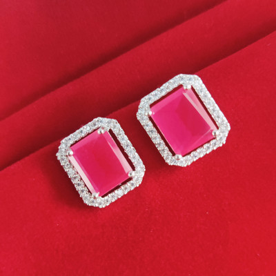 Opal Touch Radiant Red-White Rhodium Studs Cubic Zirconia Brass Stud Earring