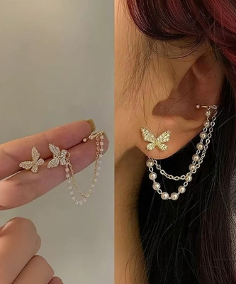 Vembley Korean Chain Ear Cuff Butterfly Stud Earrings For Women & Girls 2 Pcs/Set Metal Cuff Earring
