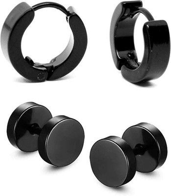 zebisco Stainless Steel Dumbbell Black Stud Hoops Earrings for Men and Women(2pair) Cubic Zirconia Stainless Steel, Metal, Brass Stud Earring, Hoop Earring