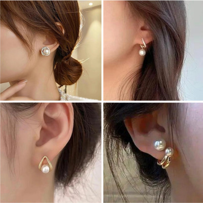 Jassa Korean Gold-Plated Diamond CZ Pearl Stud Earrings For Women & Girls (set of 4) Pearl, Diamond, Cubic Zirconia Alloy, Crystal Stud Earring