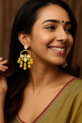 Al Hiqmat Traders Pride Yellow J0065 Brass, Stone Chandbali Earring, Huggie Earring, Jhumki Earring