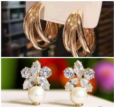 Sabita fashion Pack of 2 golden pearl western korean stud hoop earrings combo pack 4 womens Alloy Stud Earring, Hoop Earring