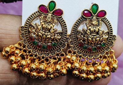 SAKETHAM Golden Red Blue eye Duet Alloy Jhumki Earring