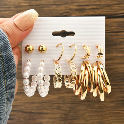 JDENTERPRISES Combo of 6 Pair Golden Stud And Chain Pearl Triple Hoop Earrings For Women/Girls Pearl Alloy Hoop Earring