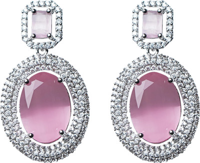 Moonron American Diamond Oxidised Silver-Plated studded Oval Shaped Drop Earrings Cubic Zirconia Alloy Chandbali Earring, Stud Earring, Plug Earring, Cuff Earring, Drops & Danglers