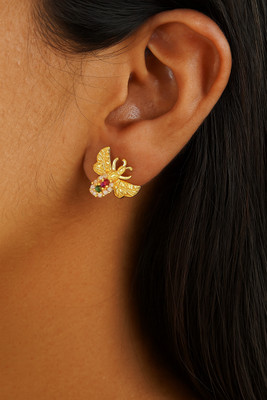 Jewelocity Designer Gold Plated Flower Earrings with Ruby Stone For Women and Girls Brass Stud Earring