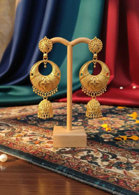 DM Creations Rajasthani Gold Jhumka Earrings with Intricate Filigree Work and Ghungroo Drops Brass Chandbali Earring