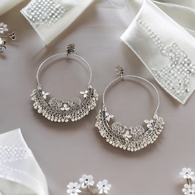 Jewelgenics Oxidised Silver Peacock Chandbali Earrings Cubic Zirconia Alloy Chandbali Earring