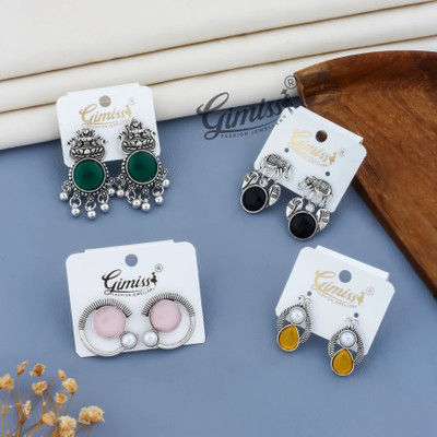 Gimiss Oxidized Silver Stud Earrings Combo for Women & Girls Design Colorful Stones Alloy Earring Set