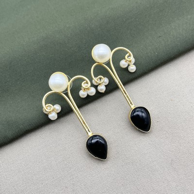 Diwam jewels Asymmetrical Pearl and Obsidian Drop Earrings Onyx Brass Drops & Danglers