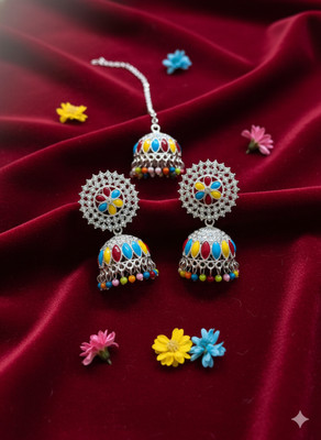 Shyneup Oxidized Silver Meenakari Jhumka Earrings with Multi-Color Maang Tikka Set Cubic Zirconia Alloy Jhumki Earring, Earring Set