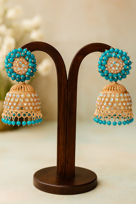 Rajbhar Turquoise Bloom Dome Jhumka Earrings – Gold Filigree with White Stones Beads Alloy Earring Set