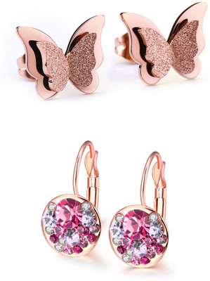 YELLOW CHIMES 2 Pair Combo of Pink Crystal Clip On Earrings and Butterfly Designed Stud Crystal Alloy Stud Earring