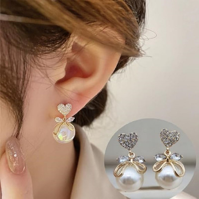 JDENTERPRISES Korean Studded Bow Heart Big Pearl Drop Earrings For Women/Girls Cubic Zirconia Alloy Drops & Danglers
