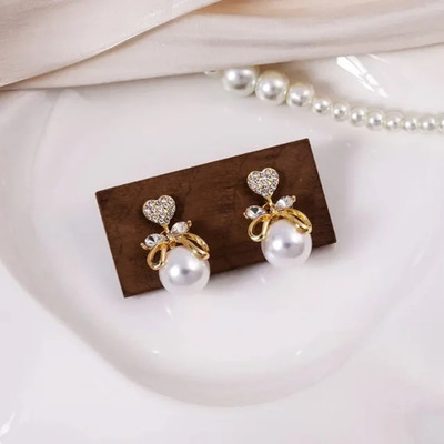 TVI Korean Studded Bow Heart Big Pearl Drop Earrings For Women/Girls Pearl Alloy Drops & Danglers