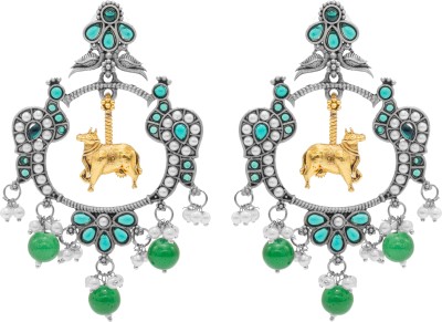 Shining Jewel Matte Dual Two Tone Plated Pearl Studded Nandi Cow & Peacock Chandbali Design Brass Drops & Danglers