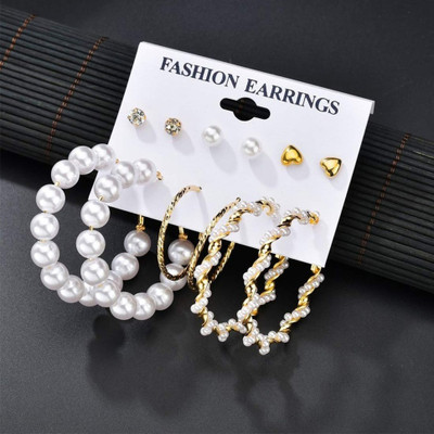 Nehdal Classy Stylish 6 pair multiple earring set for women Pearl Alloy Hoop Earring