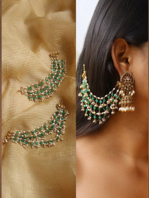 vjj Chic Green Earrings with Kundan Stud, Bead & Pearl Chain – Party, Wedding Pearl Brass Stud Earring
