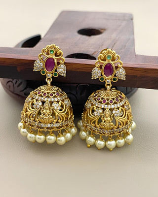 PBM CREATIONS GOLD PLATED AD STONE WEDDING JHUMKI / PEARL STUD / KUNDAN BEADS EARRING Copper Drops & Danglers, Jhumki Earring