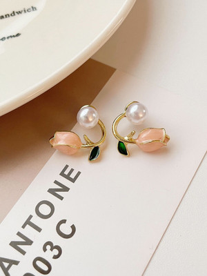 VAGHBHATT Pearl Studded Floral Gold-Plated Studs Earrings Alloy Stud Earring