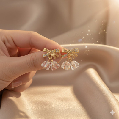 SINZO Crystal Charm Bow Drop Earrings –Elegant Gold & Transparent Stone Design Alloy Drops & Danglers